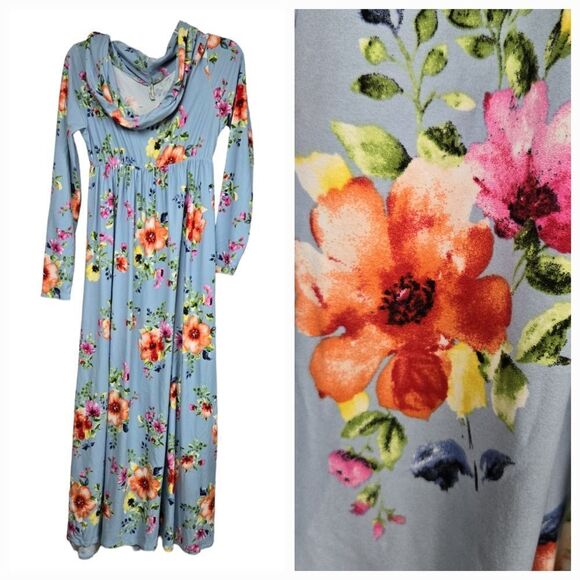 Maternity Maxi Dress Blue Floral Off Shoulder Strapless Empire Waist Long Sleeve - Picture 11 of 11